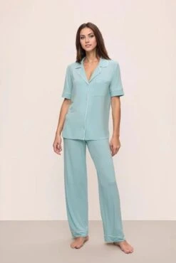 Eberjey Gisele Short Sleeve And Pant Set In Canal Blue/Ivory