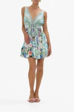 Camilla Shirred Waist Detail Mini Dress In Sunrise Sintra