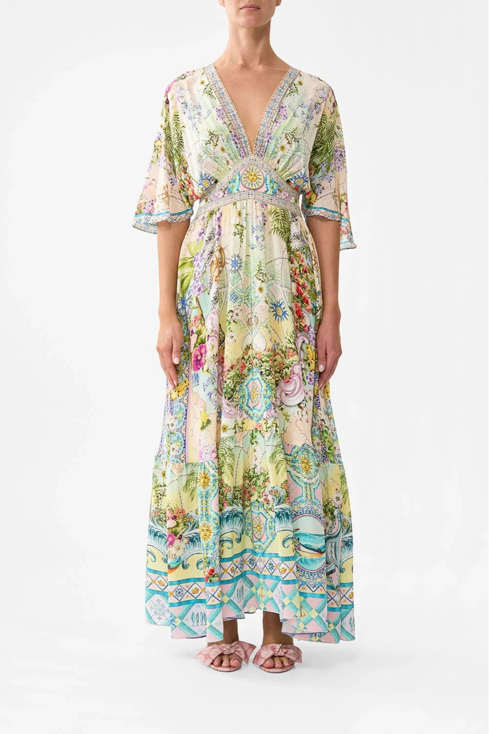 Camilla Waisted Dress With Hem Ruffle In Just Coasting 1 Camilla Waisted Dress With Hem Ruffle In Just Coasting