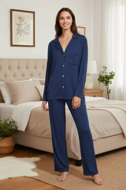 Eberjey Gisele Ribbed Long PJ Set In Navy