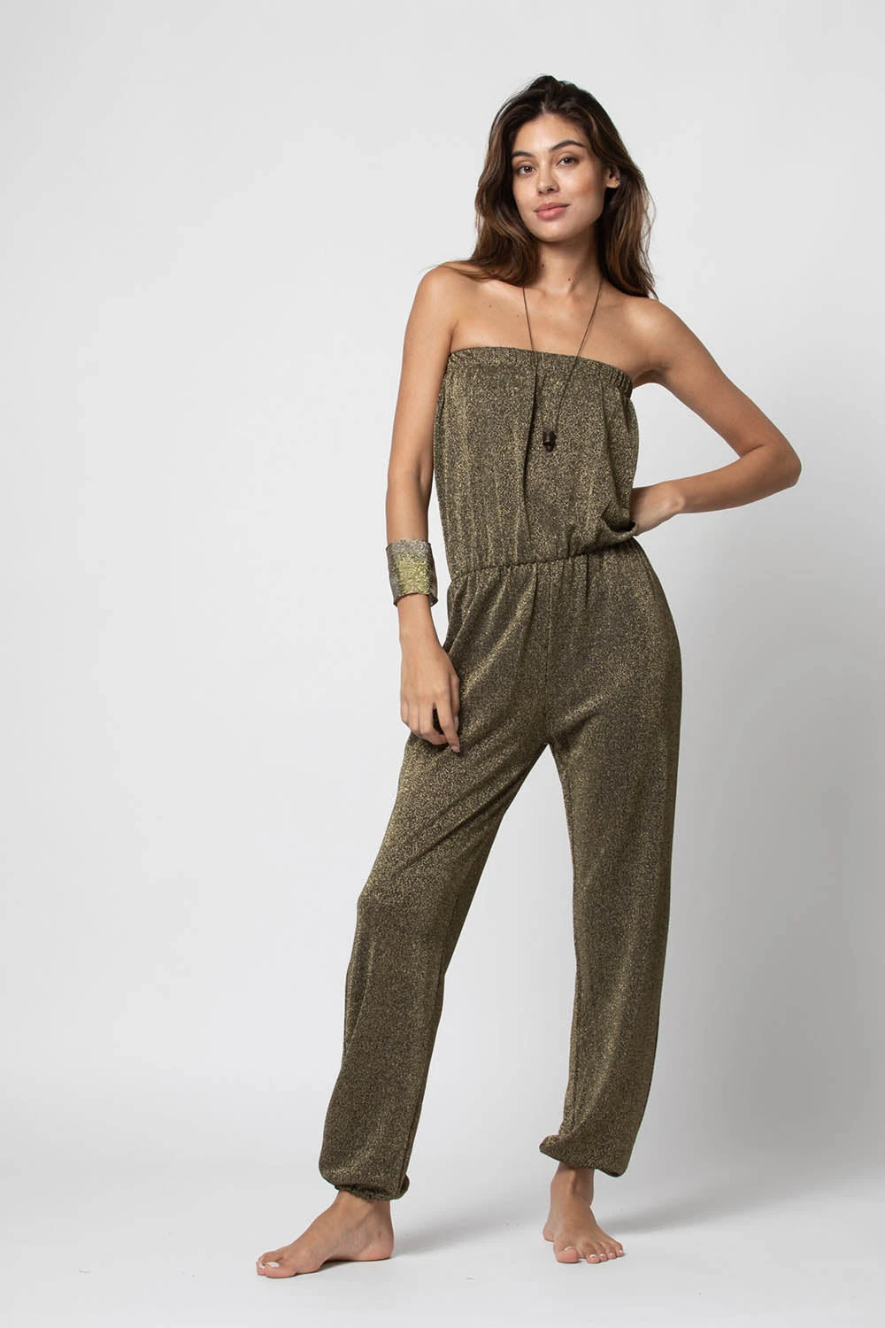Glitter Tube-Top & Trousers Jumpsuit In Gold/Khaki 1 Glitter Tube-Top & Trousers Jumpsuit In Gold/Khaki