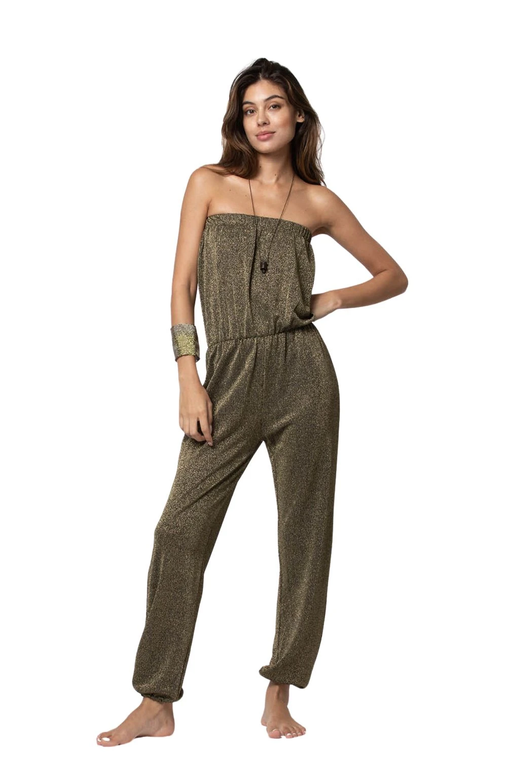 Glitter Tube-Top & Trousers Jumpsuit In Gold/Khaki 3 Glitter Tube-Top & Trousers Jumpsuit In Gold/Khaki - Image 3